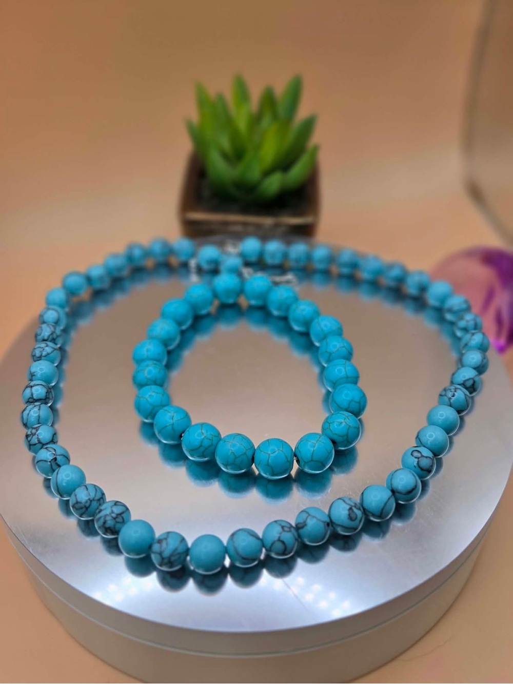 Medium Turquoise Blue Beaded Necklace and Bracelet Set